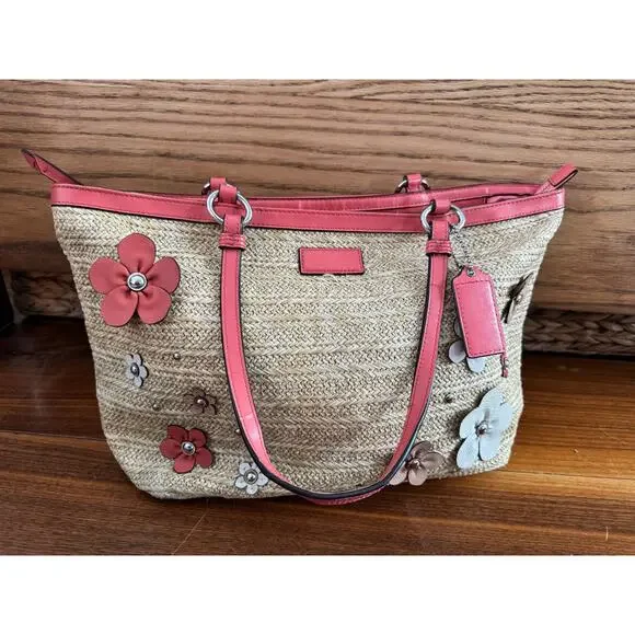 Coach Straw Floral Appliqué Tote – Coral - tea rose - Picture 1 of 11